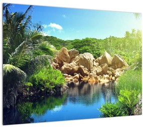Tablou pe sticlă cu lac în jungla din Seychelles (70x50 cm)