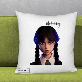 Perna Personalizata Wednesday Addams Portret Realist, 40x40 cm, Alb Pufos, Husa Detasabila, Perna Inclusa, BEKZ®