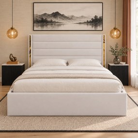 Pat tapițat din catifea Veyra 180×200 cm, crem, detalii aurii, cu ladă de depozitare