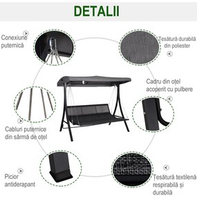 Outsunny Balansoar cu 3 scaune din material textil cu perne si acoperis reglabil gri 200 x 115 x 168 cm | Aosom Romania