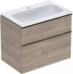 Set dulap baza suspendat Geberit iCon finisaj nuc Hickory 2 sertare si lavoar 75 cm alb
