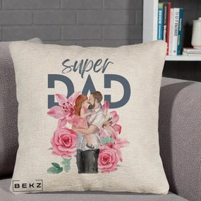 Cadou pentru Tata - Perna Personalizata Super Dad Tata cu Fetita si Flori, 40x40 cm, Bej Canapea, Husa Detasabila, Perna Inclusa, BEKZ®