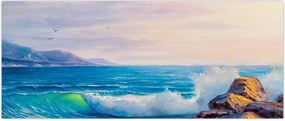 Tablou - Valuri lovind stânci, pictură în ulei (120x50 cm)