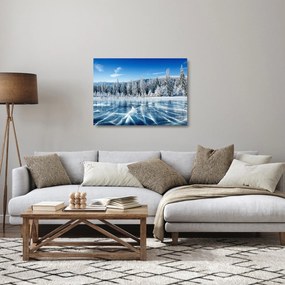 Tablou pe sticlă cu lacul înghețat și copacii înzăpeziți (70x50 cm)