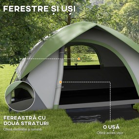 Outsunny Cort de Camping cu 3 Locuri, Geam din Plasă și Cârlig Felinar, Cort de Camping din PE, 270x210x150 cm, Verde | Aosom Romania