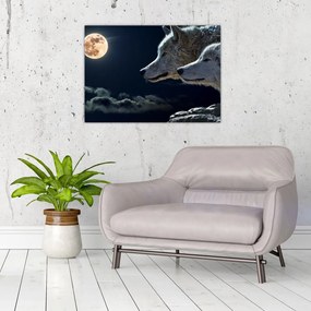 Tablou pe sticlă cu lupi în lună (70x50 cm)