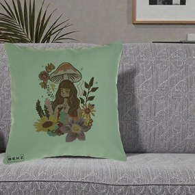 Perna Decorativa Fata Ciuperca Boho Florala, 40x40 cm, Verde, Husa Detasabila, Perna Inclusa, BEKZ®