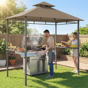 Outsunny Adăpost grătar exterior, cort de grădină 245x146x255cm din metal, acoperiș dublu, 2 rafturi laterale, Maro | Aosom Romania