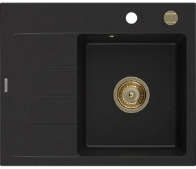 Mexen Ben chiuvetă de granit cu 1 compartiment și picurător pe dreapta 600 x 500 mm, negru, sifon auriu - 6523605000-77-G