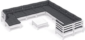 vidaXL Set mobilier grădină cu perne, 12 piese, alb, lemn de pin
