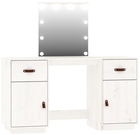 3107840 vidaXL Set de masă de toaletă cu LED, alb, lemn masiv de pin