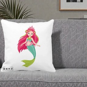 Perna Decorativa Sirena Roz cu Coroana, 40x40 cm, Alba Mata, Husa Detasabila, Perna Inclusa, BEKZ®