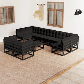 Set mobilier de gradina cu perne10 piese, negru, lemn masiv pin Negru, 1, Da