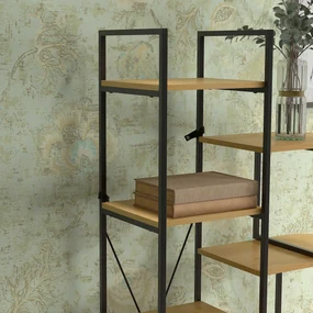 HOMCOM Raft Bibliotecă cu 10 Niveluri, Stil Industrial din PAL și Oțel, 111.5x32x170 cm, Negru și Lemn Natural | Aosom Romania