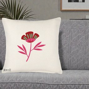 Perna Decorativa Floare Macul Roz-Rosu Grafic, 40x40 cm, Crem Reliefat, Husa Detasabila, Perna Inclusa, BEKZ®