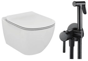 Pachet vas wc suspendat Ideal Standard Tesi, capac softclose si set dus igiena intima negru cu baterie incastrata Rea Loop