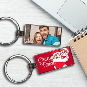 Breloc personalizat cu fotografie si text cu motive de Craciun