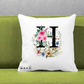 Cadou Personalizat - Perna Personalizata Monogram Litera H cu Flori Acuarela, 40x40 cm, Alba Mata, Husa Detasabila, Perna Inclusa, BEKZ®