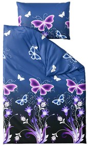 Set Lenjerie cocolino VIOLET BUTTERFLY albastru inchis + Cearsaf Cocolino microplus cu elastic SOFT 180x200 cm alb, pat dublu