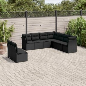3217835 vidaXL Set mobilier de grădină cu perne, 9 piese, negru, poliratan