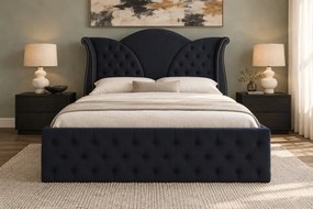 Pat tapițat Chesterfield din catifea Velora Deluxe Classic 160×200 cm, negru, cu ladă de depozitare