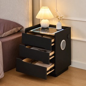 ALVÉA — Noptieră inteligentă cu încărcare Wireless, Bluetooth Stereo, iluminare RGB, USB + Type-C, Negru