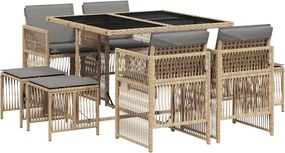 vidaXL Set de masă pentru grădină, 9 piese, cu perne, bej, poliratan