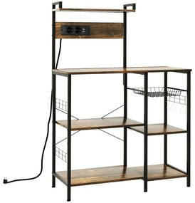HOMCOM Raft de Bucatarie cu Prize Mutiple, Dulap Bucatarie pentru Microunde cu Rafturi si Cos din Sarma Stil Industrial, 90x42x130cm, Maro