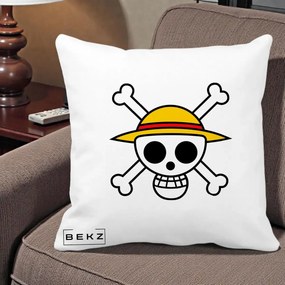 Perna Personalizata One Piece Jolly Roger Straw Hat Pirates, 40x40 cm, Alba Mata, Husa Detasabila, Perna Inclusa, BEKZ®