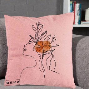 Perna Decorativa Portret Feminin Floare Portocalie Lateral, 40x40 cm, Roz, Husa Detasabila, Perna Inclusa, BEKZ®