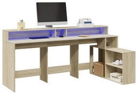 vidaXL Birou cu lumini LED stejar sonoma, 200x104x91cm, lemn prelucrat