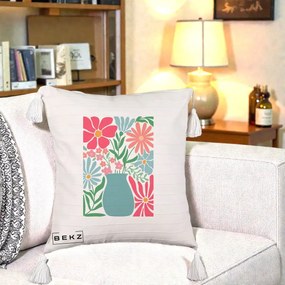 Perna Decorativa Flori in Vaza Turcoaz, 40x40 cm, Bej cu Franjuri, Husa Detasabila, Perna Inclusa, BEKZ®
