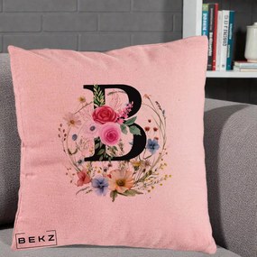 Cadou Personalizat - Perna Personalizata Monogram Litera B cu Flori Acuarela, 40x40 cm, Roz, Husa Detasabila, Perna Inclusa, BEKZ®