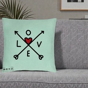 Perna Decorativa Love cu Sageti Incrucisate si Inima Rosie, 40x40 cm, Verde Menta, Husa Detasabila, Perna Inclusa, BEKZ®