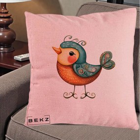 Perna Decorativa Pasare Ornamentala Folk Art, 40x40 cm, Roz, Husa Detasabila, Perna Inclusa, BEKZ®