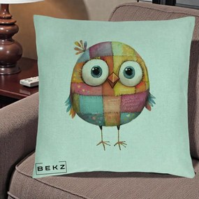 Perna Decorativa Pasare Patchwork Colorata, 40x40 cm, Verde Menta, Husa Detasabila, Perna Inclusa, BEKZ®