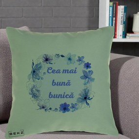 Cadou pentru Bunica - Perna Personalizata Cea Mai Buna Bunica Coronita Flori Albastre Acuarela, 40x40 cm, Verde, Husa Detasabila, Perna Inclusa, BEKZ®