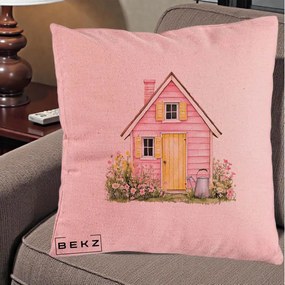 Perna Decorativa Casuta Roz Acuarela cu Gradina, 40x40 cm, Roz, Husa Detasabila, Perna Inclusa, BEKZ®