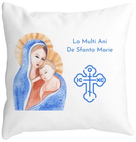 Perna Decorativa La multi ani de Sfanta Maria, 40x40 cm, Alba, Mata, Husa Detasabila, Burduf