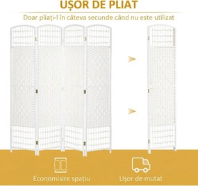 HOMCOM Paravan de Interior cu 4 Panouri Pliabile, Împletit din Sfoară de Hârtie și Lemn, 160x1,5x170 cm, Alb | Aosom Romania