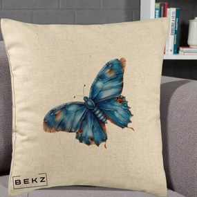 Perna Decorativa Fluture Albastru Satin cu Pete Aurii, 40x40 cm, Bej, Husa Detasabila, Perna Inclusa, BEKZ®