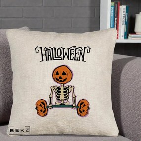 Perna Decorativa Halloween Schelet cu Cap de Dovleac Powerlifting, 40x40 cm, Bej Canapea, Husa Detasabila, Perna Inclusa, BEKZ®