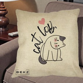 Perna Personalizata Cat Lover Pisica Ilustratie Linie, 40x40 cm, Crem, Husa Detasabila, Perna Inclusa, BEKZ®
