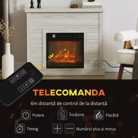 HOMCOM Șemineu Electric cu Flacără 3D, Oprire Automată, Încălzire Reglabilă și Temporizator, 96,5x22x81,7 cm, Gri Deschi | Aosom Romania