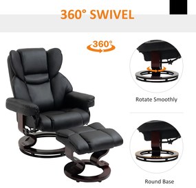 HOMCOM Fotoliu Relaxant si Puf, Reclinabil la 145° cu Scaun Rotativ din Piele Ecologica, Negru | Aosom Romania