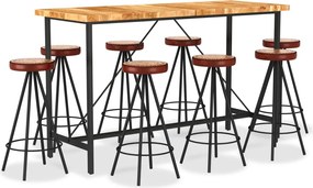 vidaXL Set de bar 9 piese lemn masiv de acacia piele naturală și pânză