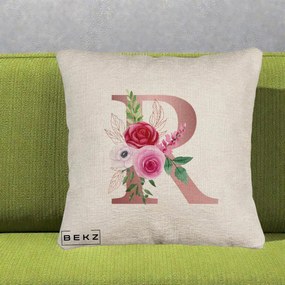 Cadou Personalizat - Perna Personalizata Monograma Rose Gold Litera R, 40x40 cm, Bej Canapea, Husa Detasabila, Perna Inclusa, BEKZ®
