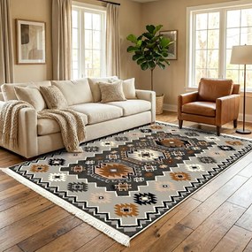 Covor camera antiderapant, etnic gri, model Atlas