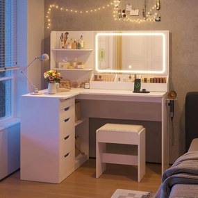 SEA496 - Set Masa toaleta 120 cm pentru colt, cosmetica machiaj, oglinda cu LED, masuta vanity cu scaun tapitat, cu Prize, USB si Suport Uscator par