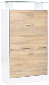 HOMCOM Dulap pentru Pantofi, Mobilier depozitare Pantofi cu 2 Uși pliante 2 Compartimente, sertar, Placă din Sticlă - Lemn stejar Alb | Aosom Romania